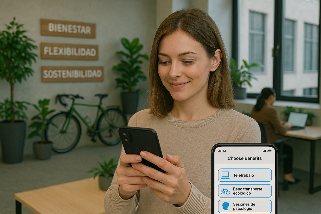 Empleada contenta con los beneficios que les ofrecen